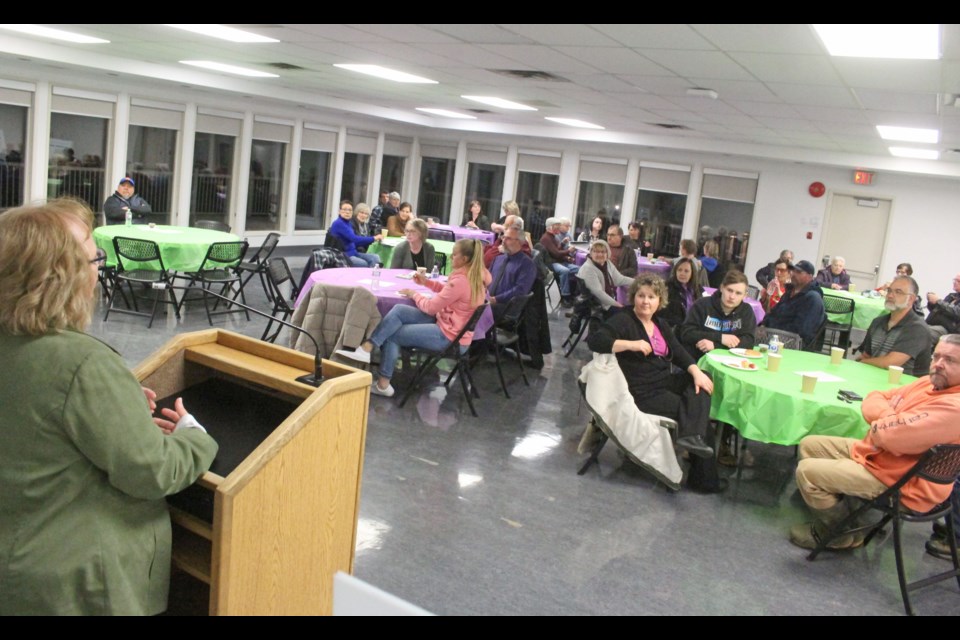 Lac La Biche County FCSS Manager and Transitional Housing Task Force member Anita Polturak speaks to a group at Wednesday's input session on the homeless initiative at McArthur Place