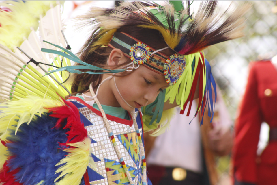 Nakota Hunter in his fancy dance regalia during a mini-powwow at the Lac La Biche RCMP detachment last Monday.