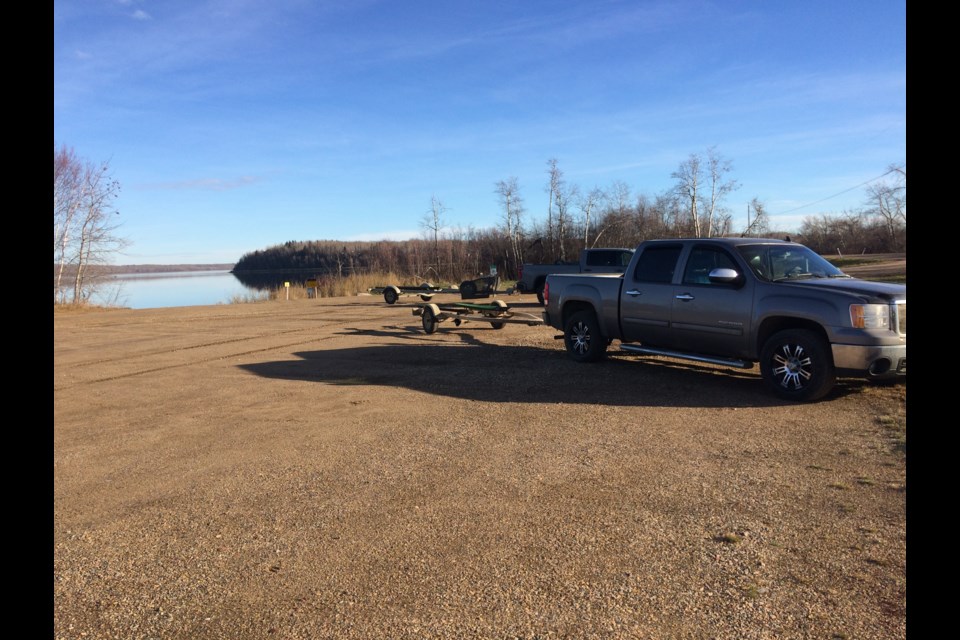 Boat trailers on the afternoon of Nov 8 at the causeway boat launch on Lac La Biche lake.