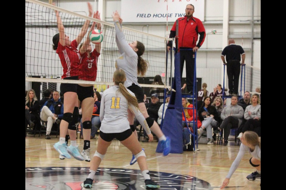 Bonnyville's Notre Dame high school girls team - the eventual zone champs - in action against the host team JAWS Sharks during the weekend's zone championships in Lac La Biche.