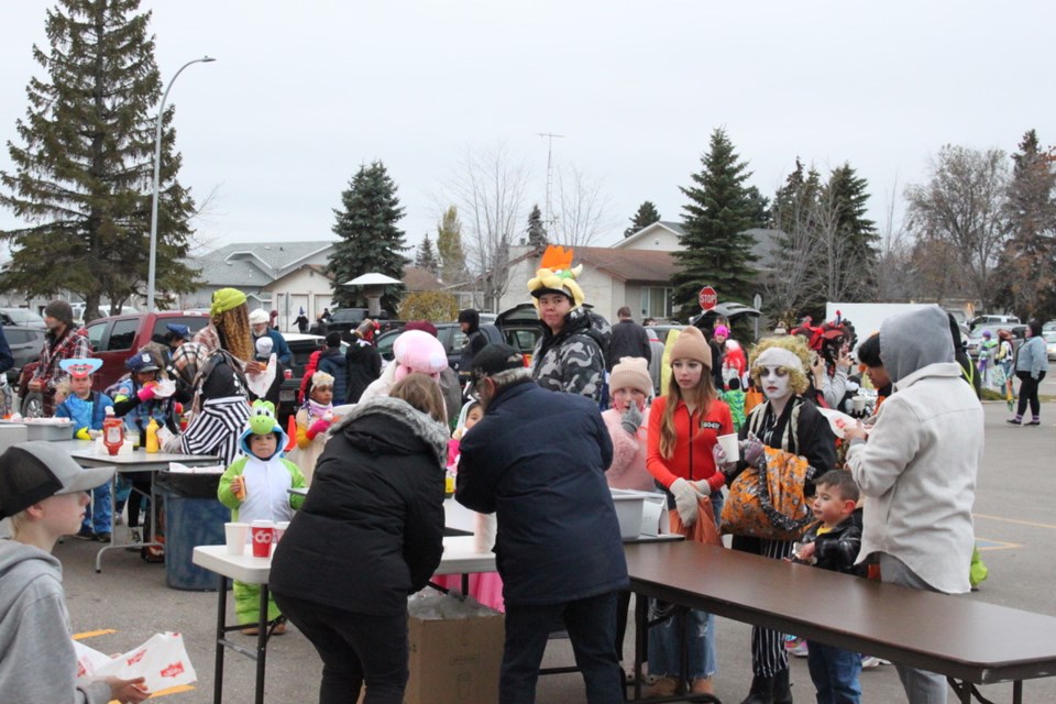 The Bonnyville Baptist Church handed out hot chocolate along with their burgers and hotdogs at their halloween community barbecue.