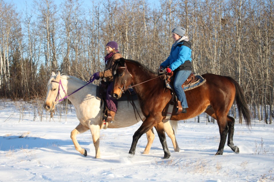 Lexya Hansen on the palomino horse Raya, and Amy Schaffrick on the bay horse Flash out enjoying the balmy winter weather.