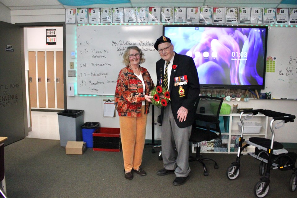 Mary Koziol brought 101 year old WWII Veteran William McGregor, to speak to Grade six students at École Dr. Bernard Brosseau Middle School, in honour of remembrance day.