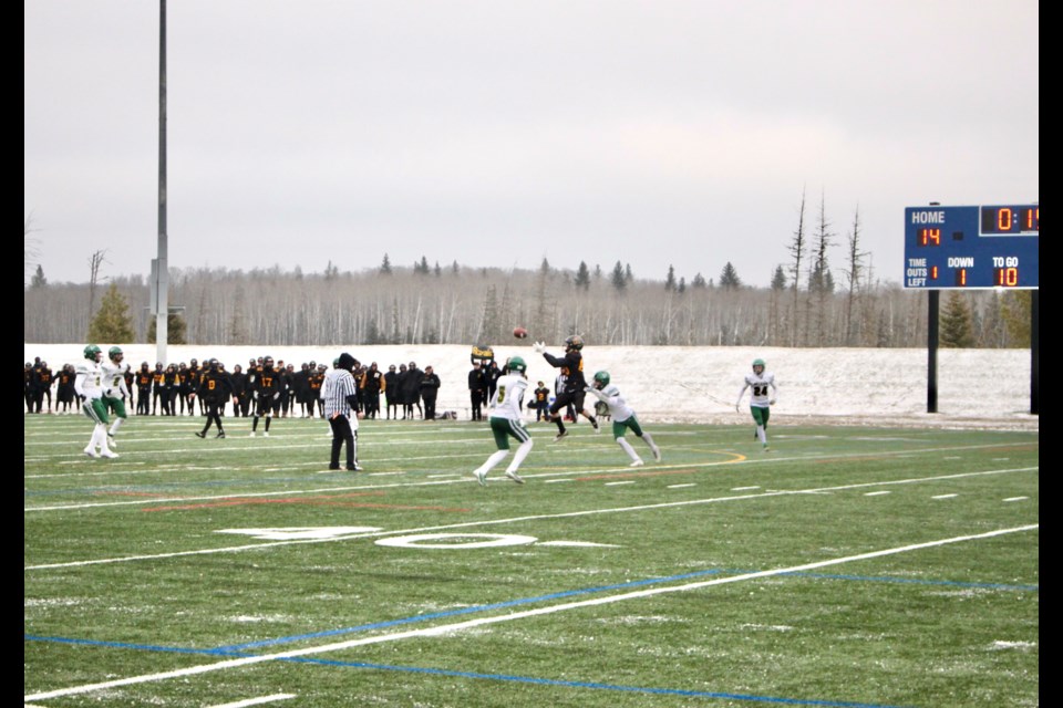 Derek Fleming soars to take the ball, during the Cold Lake Royals football game against the Grande Prairie St. Joseph Celtics.