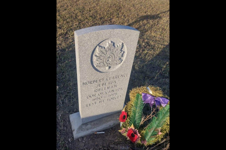 A military gravestone erected for Rifleman Norbert Clarence Jebeaux with the assistance of the Last Post Fund.