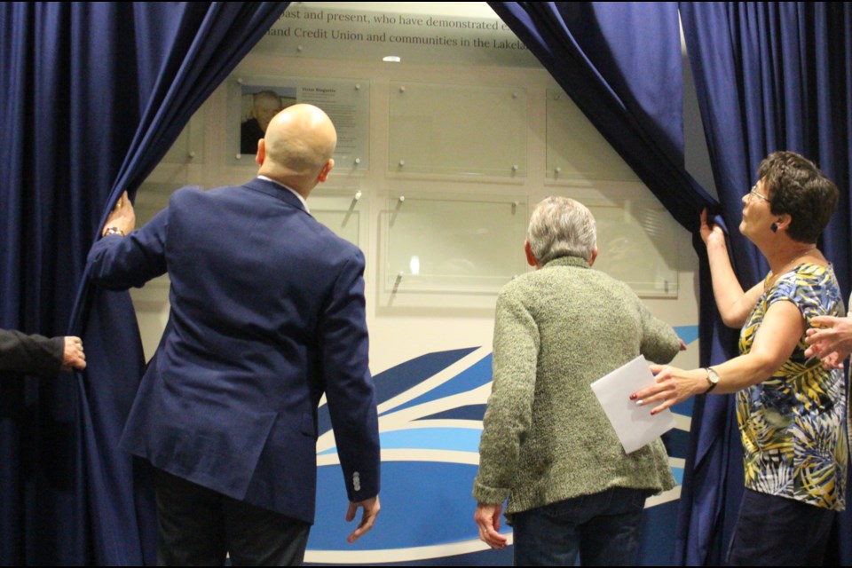 Greta Ringuette had the honour of unveiling the Lakeland Wall of Distinction where her late husband Victor Ringuette was the first inductee.