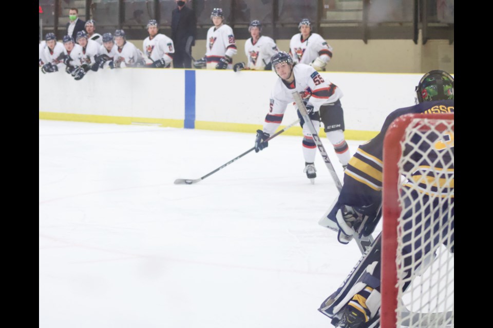 Logan Spence has some open ice for a change on Concordia goalie Sam Jaxon-Visscher in the Voyageurs home game win on Feb. 18.