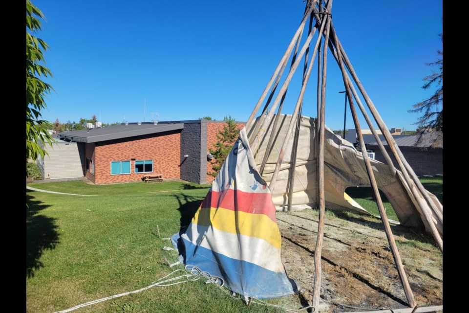 The damage to the ceremonial tipi that sits outside the Lac La Biche RCMP detachement.