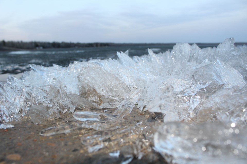 A winter's worth of ice is ready to leave area lakes — but before it does, it's making some cool designs.  This sparkling display was spotted at the western shoreline at Beaver Lake on Monday night.   R.M.