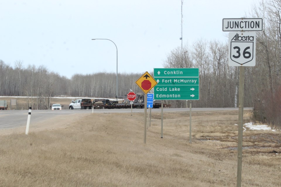 The truck route intersection south of the Lac La Biche hamlet.