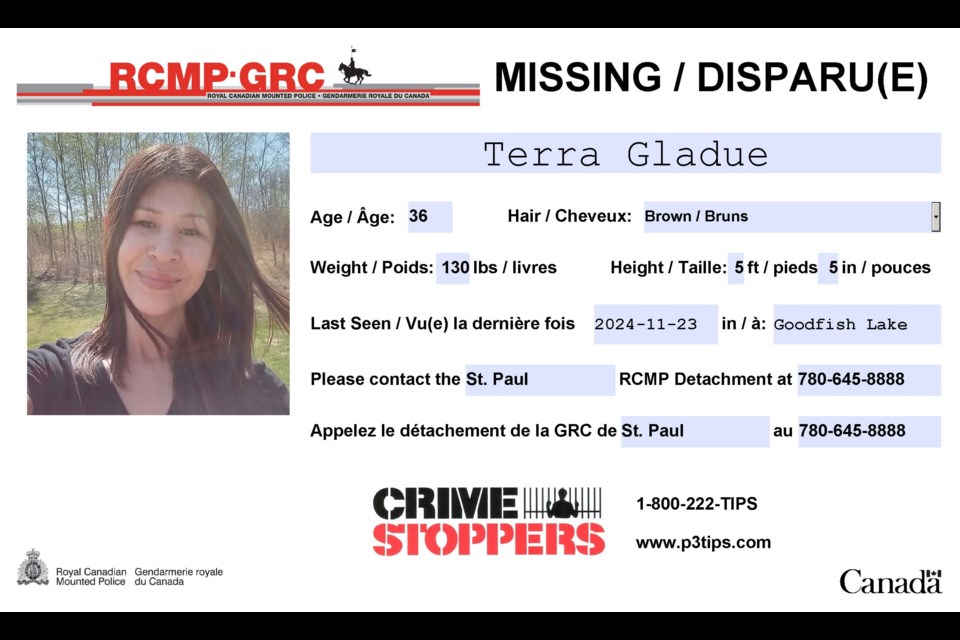 Terra Jane Gladue was last seen in the Goodfish Lake area on November 23.