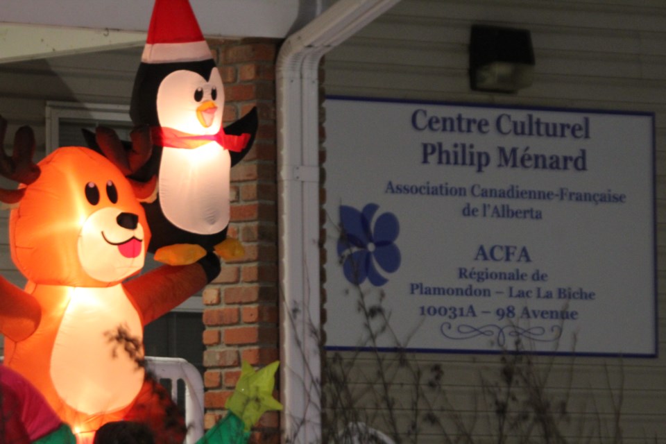 Festive decorations outside the Phillip Menard Cultural Centre in Plamondon.