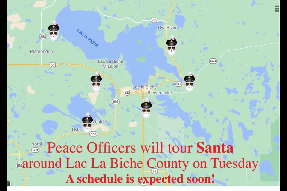 Santa and Lac La Biche County peace officers are planning a Tuesday tour of the region. Check the County's social media page for a schedule when it's available.     RMcKinley artword / Google Maps