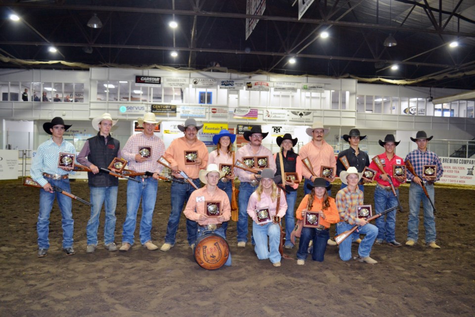 Lakeland Rodeo Association’s 2023 Showdown champions are: (standing, left to right) Holton Atkinson, Junior Bull Riding, Blake Zieffel, Tie Down Roping, Carter and Walker Balan, Team Roping, Nevada Keith, Ladies Breakaway, Cole Schmidt, Steer Wrestling and All Around, Lisa Trach, Ladies Barrel Racing, Colton Ouellette, Bareback Riding, Dylan Young, Saddle Bronc Riding, Quaid Skjonsberg, Novice Horse Riding, Lindon Rohloff, Bull Riding; (front, left to right) Wiley Cummings, Junior Breakaway, Jet Daines, Junior Barrel Racing, Jorja Waters, Pee Wee Barrel Racing, Rylan Deleff, Junior Steer Riding.