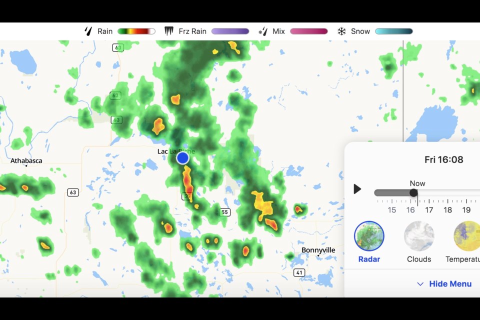 A digital radar image from the Weather Network shows the extent of the rain storm directly over the Lac La Biche area on Friday – the last day of Summer.