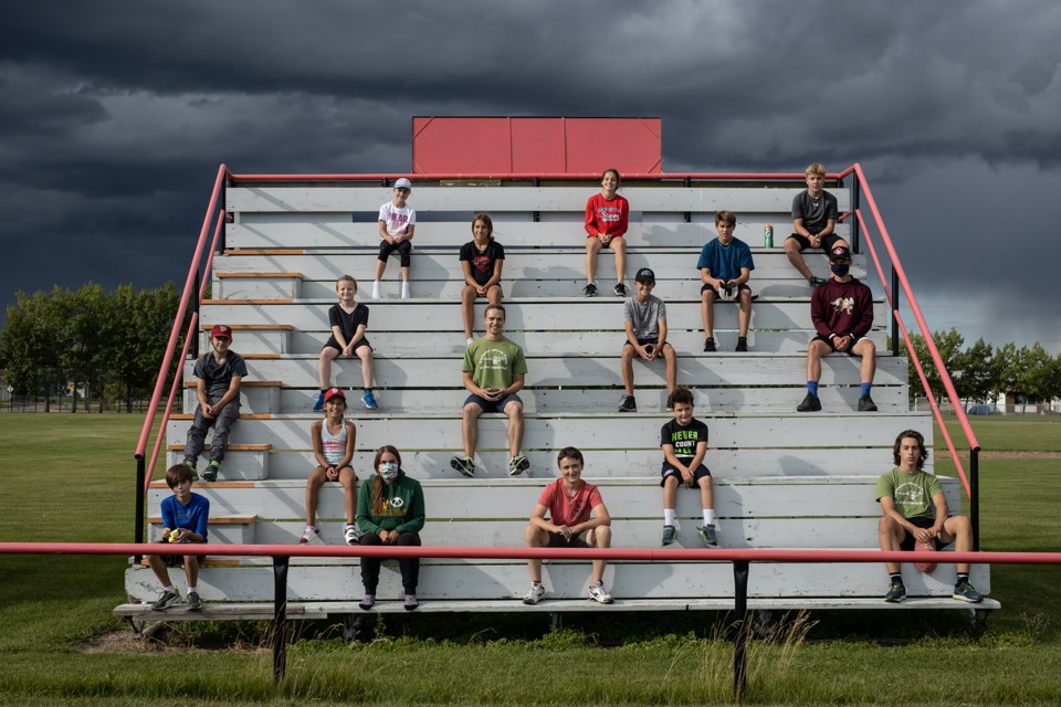 A group of young athletes wrapped up a four-day speed clinic on Thursday in St. Paul. They are pictured with coaches Courtney and Daniel Hebert. Janice Huser photo.