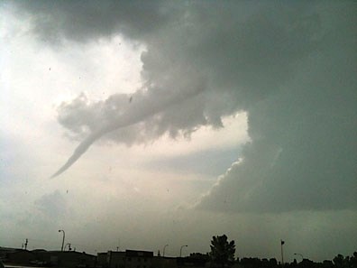 A funnel cloud hangs over the west end of Bonnyville on May 20.