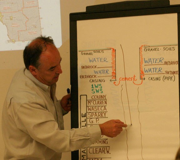 Don Hennessey draws what a surface casing to protect water supplies looks like at a LICA presentation series at Beaverdam Hall on Wednesday.