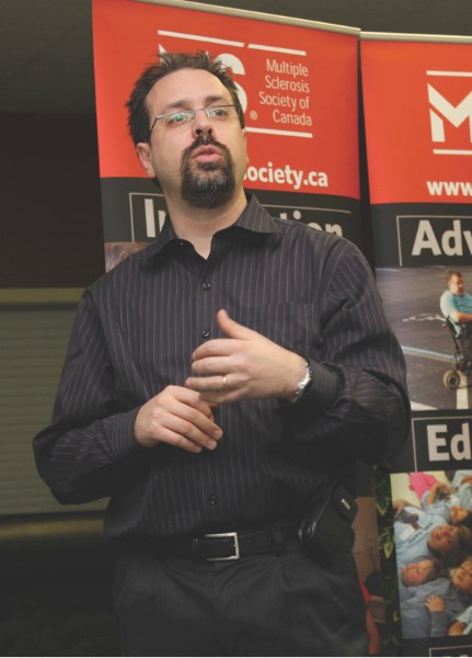 Dr. Ken Makus addresses the crowd at an MS information night in Bonnyville Sept. 30.