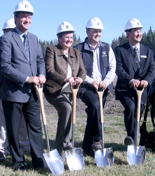 (From left) Craig Copeland, Genia Leskiw, Keith Chaisson and Kevin Nagoya officially break ground on the new site of the Community Event Centre in Cold Lake Oct. 6.