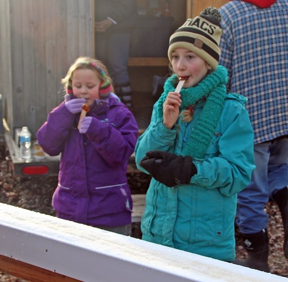 Gabrielle Gratton (left) and Tahlia Vasseur (right) enjoy some maple candy from the sugar shack at Cowboy Town last week.