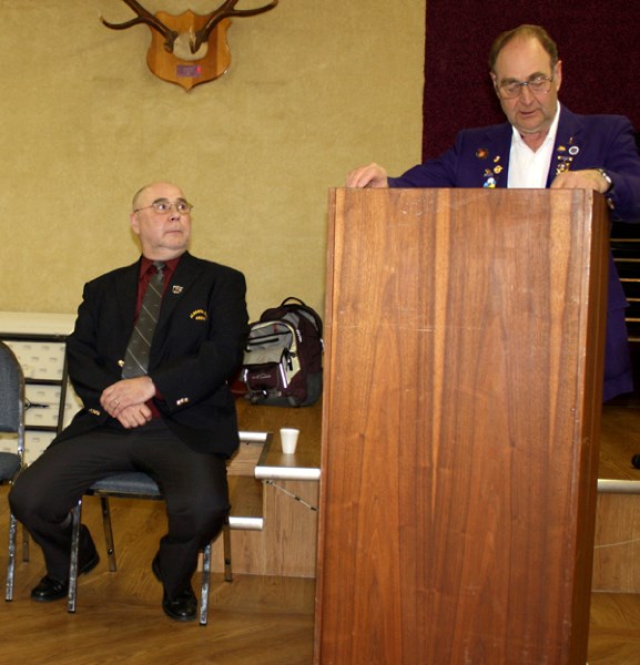 Tom Melnyk from the St. Paul Elks introduces guest speaker Brother Ken Komarnisky, habitat coordinator for Alberta with the Alberta Elks Association, at a presentation held