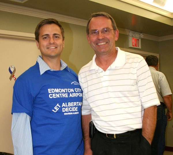 Local Wildrose candidate Shayne Saskiw stands with Ed Schlemko of Airco Charters at an Envision Edmonton City Centre Airport meeting in St. Paul on Sept. 6.