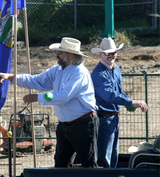 Doug Horner (right) rode with MLA Ray Danyluk at the St. Paul rodeo parade on Sept. 3.