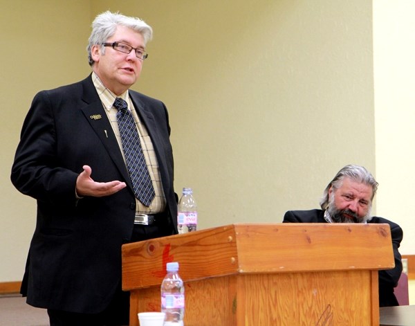 Minister of Human Services Dave Hancock speaks to members of the local PC association on Tuesday in Ashmont.