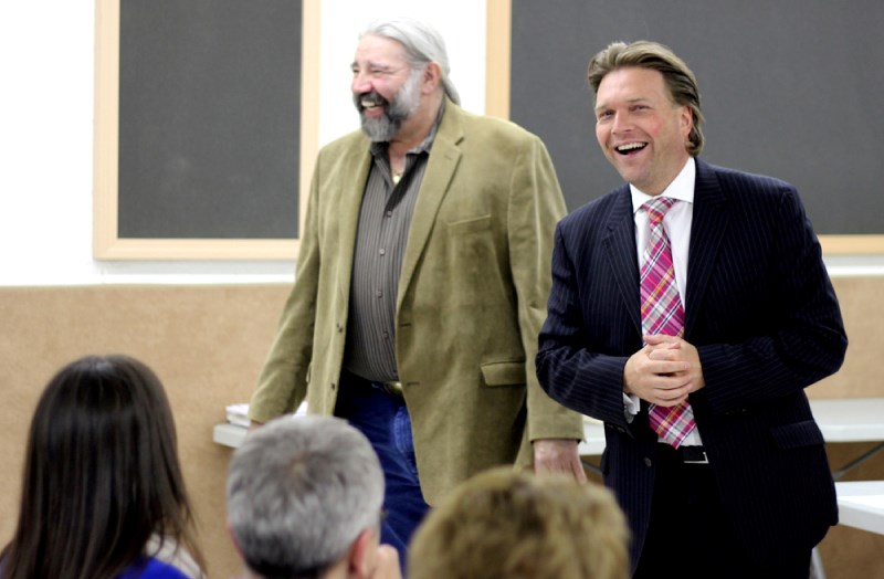 Ray Danyluk (left) and Alberta Deputy Premier Thomas Lukaszuk share a laught with constituents at the local PC association&#8217;s annual general meeting last Tuesday.