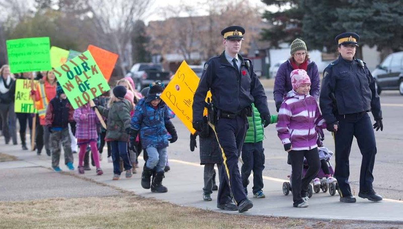 Students, teachers, community members and RCMP were among those who took part in the Walk of Hope on Nov. 6, organized by the Columbus House of Hope women&#8217;s shelter.