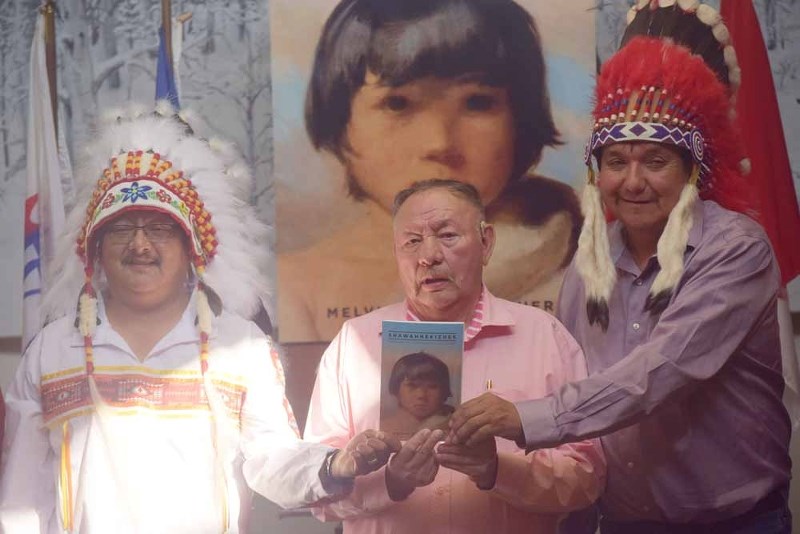 Melvin Steinhauer (middle)&#8217;s book gets an official endorsement from Saddle Lake First Nation Chief Leonard Jackson and from Whitefish Lake First Nation Chief Brian