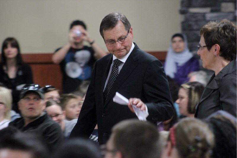 Premier Ed Stelmach waved to students in the crowd as he entered the Bold Center&#8217;s Devon Room last Friday afternoon for the new high school announcement.