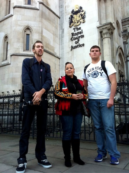 (Left to right) U.K.-based oil sands activists Liam Barrington-Bush, and Beaver Lake Cree Nation members Crystal Lameman, and Chance McPherson at the Royal Courts of Justic