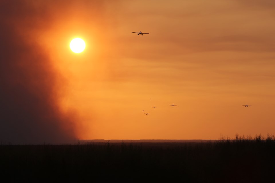 Water Bombers fly through the muted glow of the sun over Grassland on Monday as a 1,000 hectare (10 sq.km) forest fire continues to burn out of control.