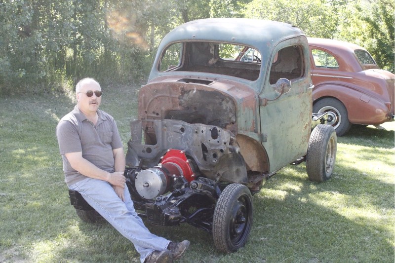 Ken Yackimec shows his new project, an electric truck built out of a 1939 Willy&#8217;s pickup frame that he hopes will be ready to cruise the streets of Lac La Biche by next 