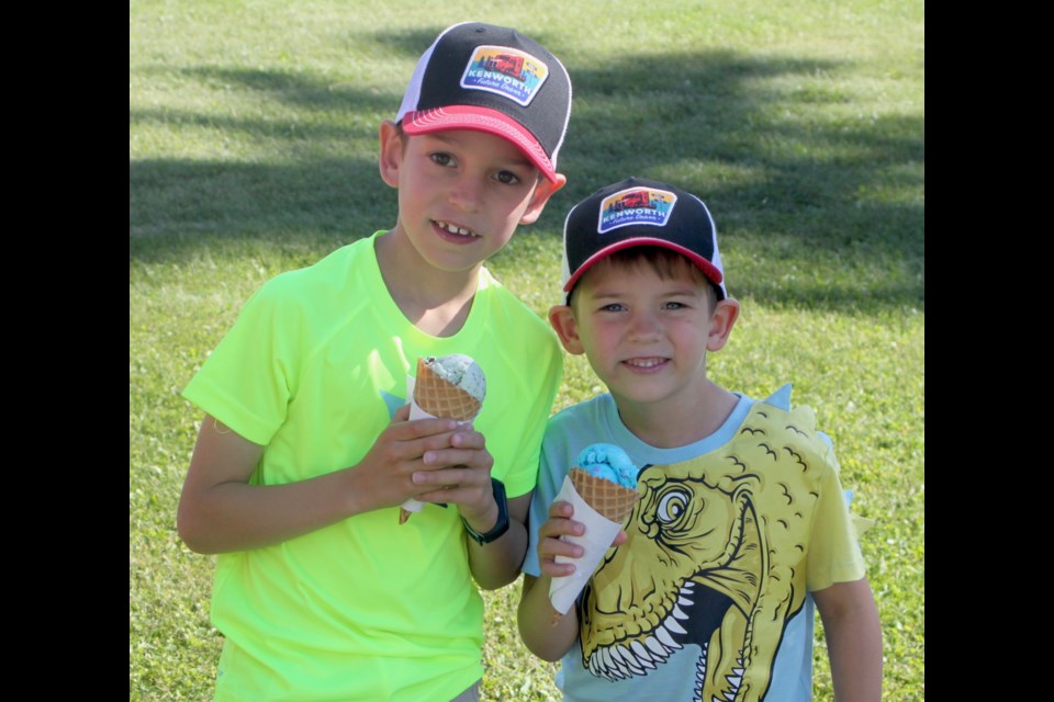 Jensen and Jasper Hibbett, who live in the Midlands region of the United Kingdom, were in the Lac La Biche area visiting with family and enjoying some ice cream on Saturday afternoon at the Venice Centennial event. Chris McGarry photo.