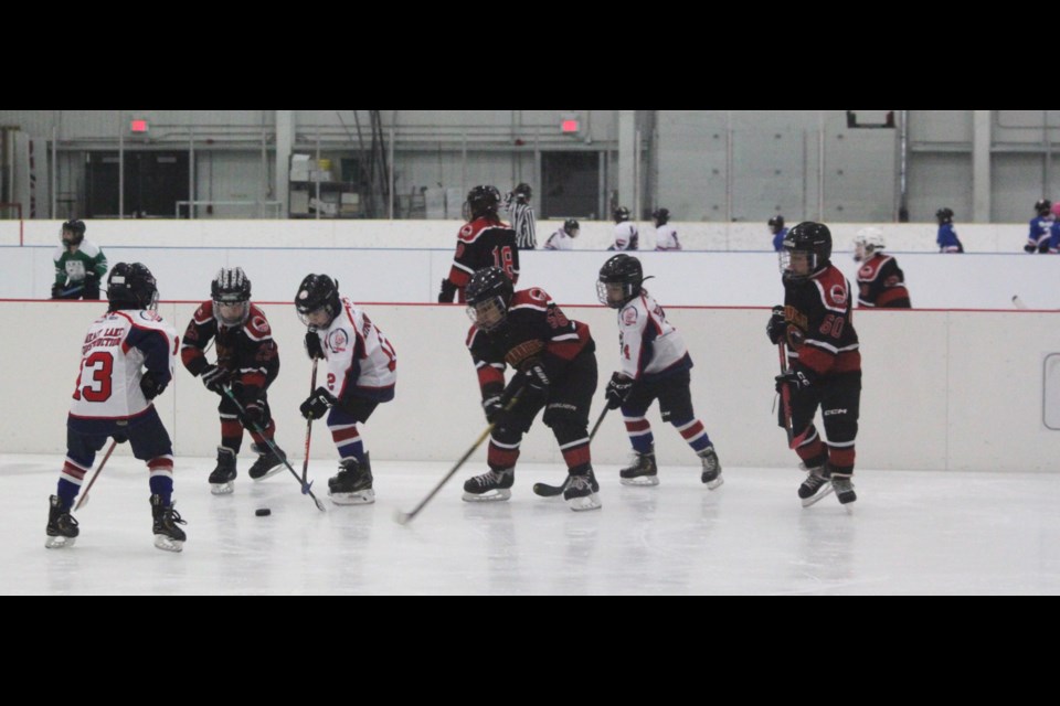 The Lac La Biche Clippers U9 team face off against the Saddle Lake Marauders on the morning of March 1 at the Bold Centre. Chris McGarry photo. 