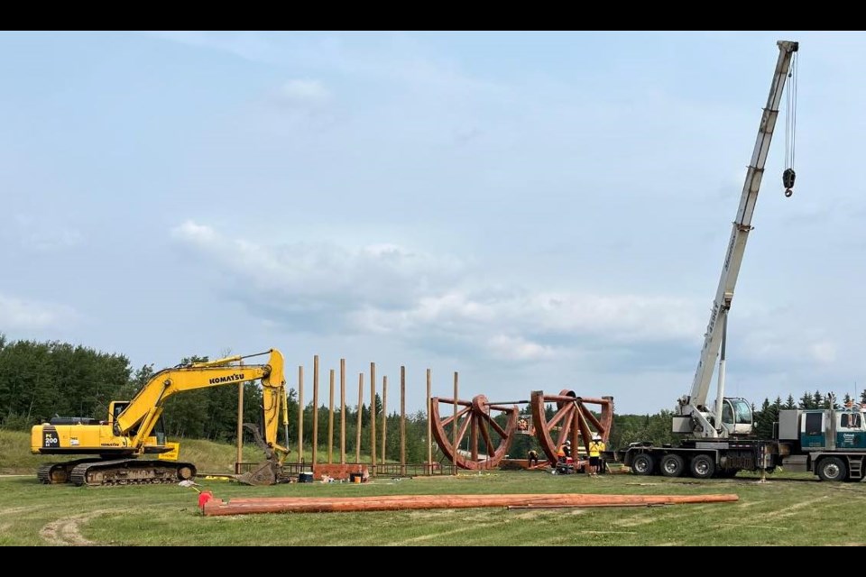 A Red River cart currently being constructed at Kikino Métis settlement. Officials with the community are hoping that it will break a record as the world's largest. / Photo supplied