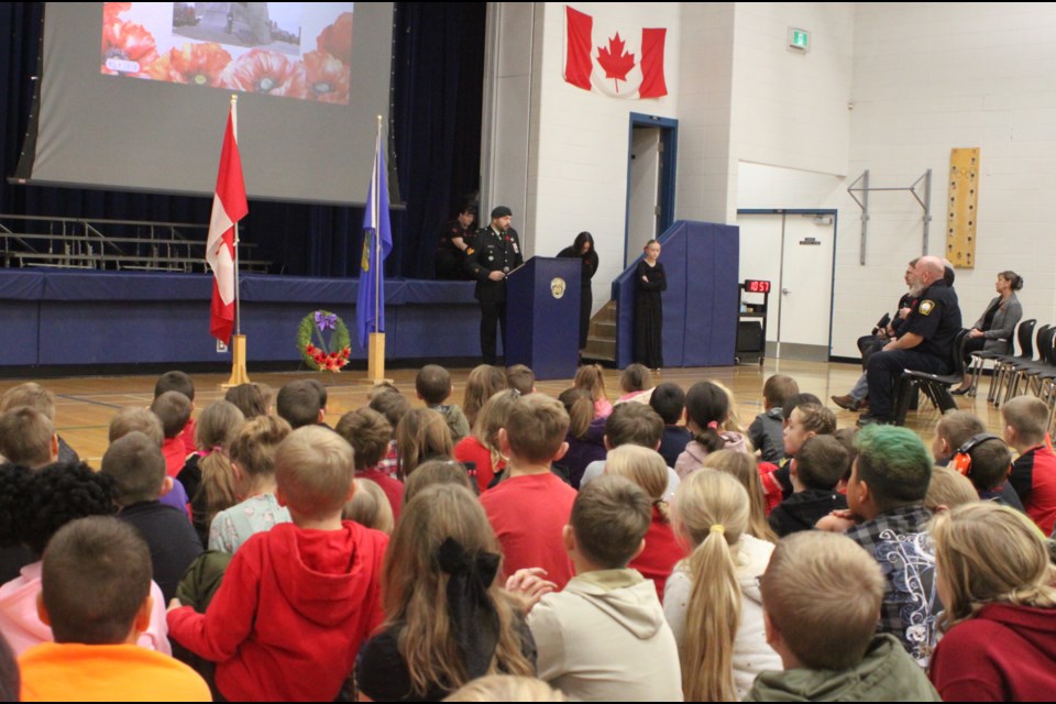 Master Cpl Patrick Hepditch, a member of the Canadian Armed Forces, spoke at the Remembrance Day event at Ecole Plamondon School on Nov. 7. Chris McGarry photo. 