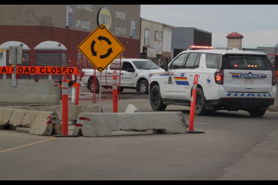 RCMP cruisers were at the east side of Lac La Biche's downtown construction zone late Tuesday morning responding to a call. Chris McGarry photo. 