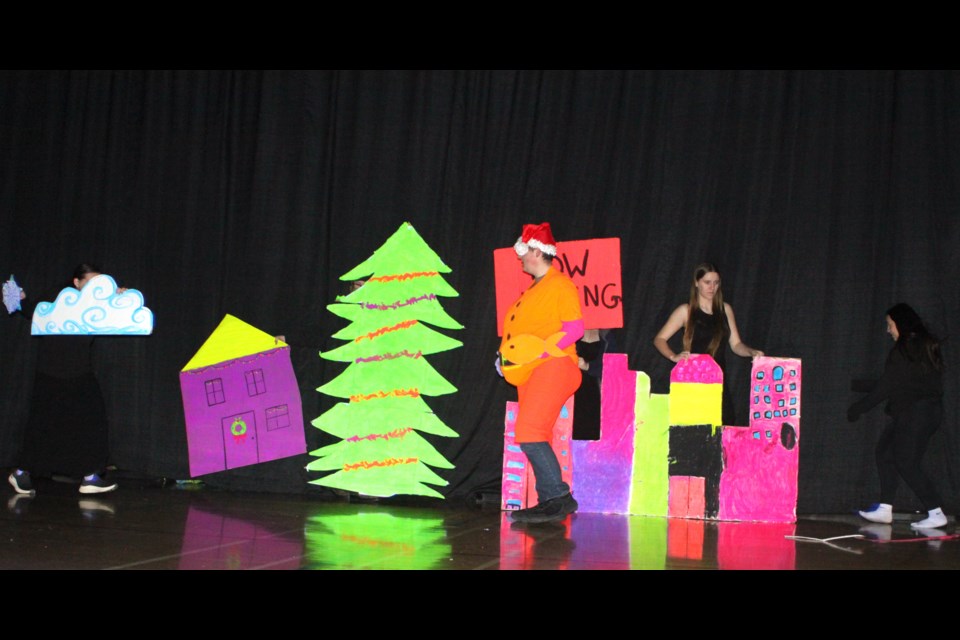 Grade 11 students at École Plamondon School perform a very colourful and vibrant skit called 'The Revenge of Christmas' during the school's annual holiday concert, which took place on Friday, Dec. 13 and featured acting performances by students. Chris McGarry photo. 