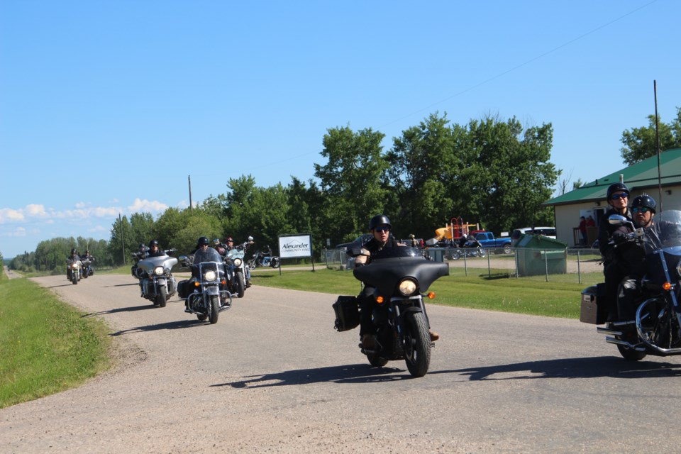 Bikers with Ride For Dad leave Alexander Community Hall to ride around Lakeland to spread awareness for prostrate cancer.