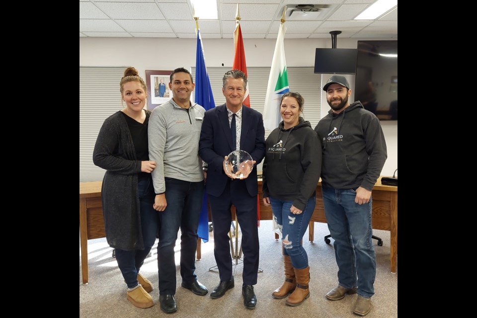 Mayor Craig Copeland presents the Best Business Float award to Furniture Galaxy (Left) & B Squared Construction at Cold Lake City Hall, recognizing their outstanding contribution to the parade.
Photo provided.