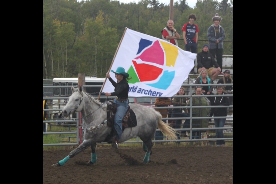 For the first time in five years-since the World 3D Archery Championships in 2019-the World Archery flag was proudly displayed during the opening ceremony for the rodeo. Chris McGarry photo. 