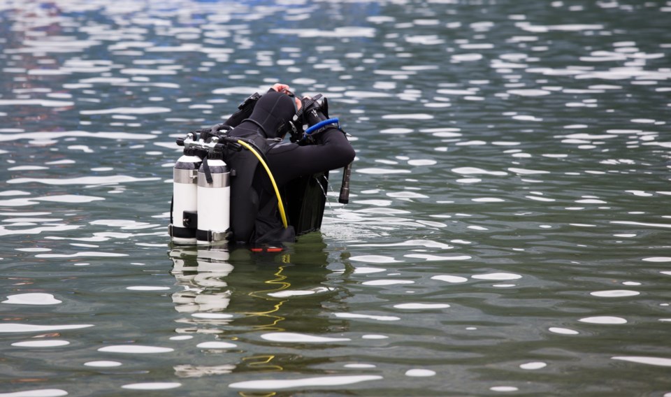 Diver,With,Full,Equipment,Entering,Water,In,Mountain,Lake