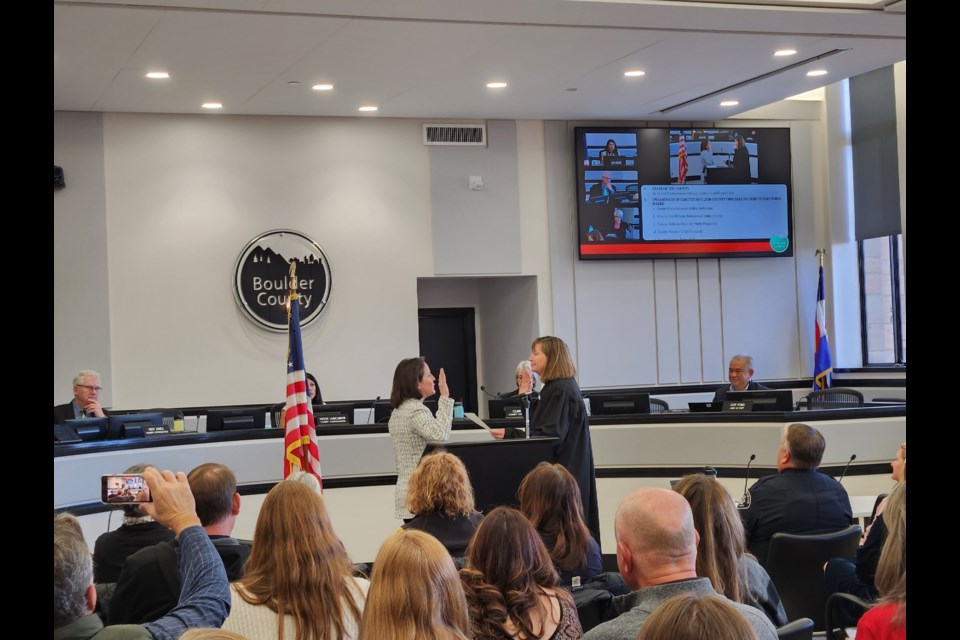 Boulder County Commissioner Ashley Stolzmann is sworn into office on Jan. 10, 2023.