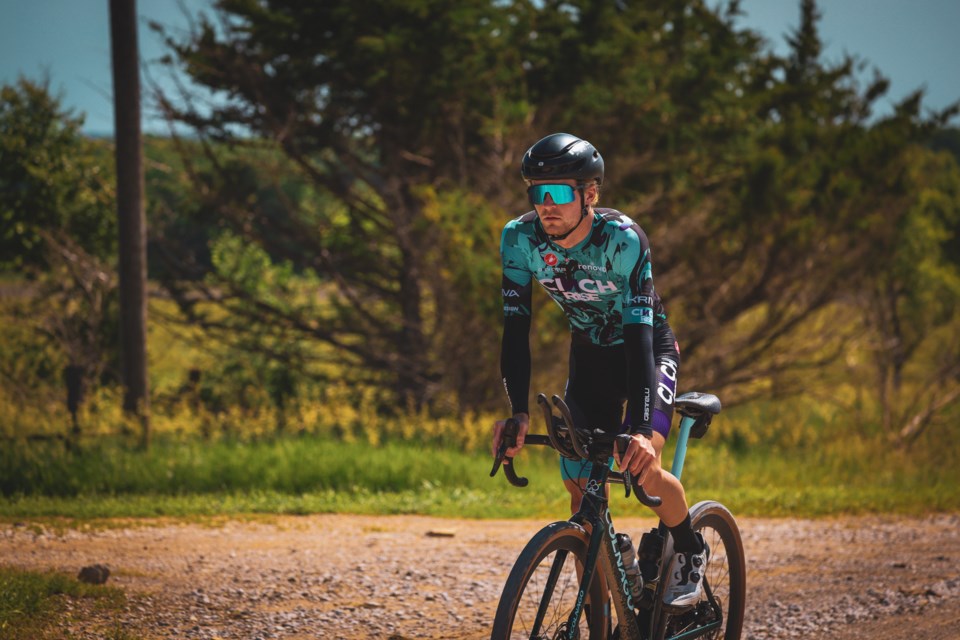 Ethan Overson racing in the Overbound Gravel event, where he placed first. 