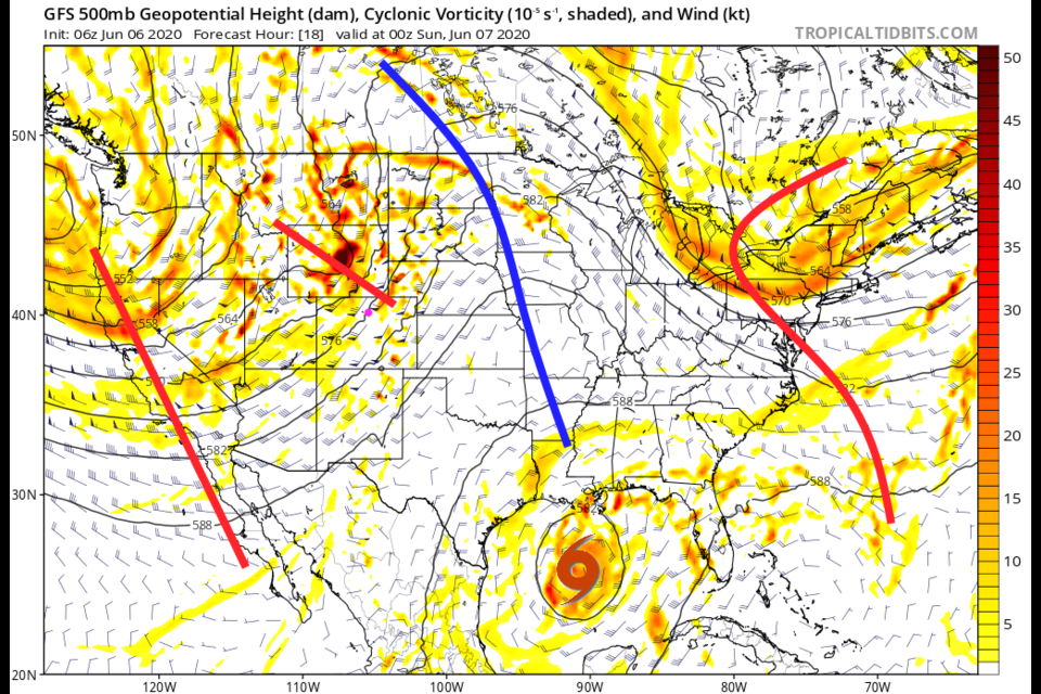 Figure 1: the forecast 500mb map (and vorticity/tendency for air to spin cyclonically) from the GFS and tropicaltidbits.com for Saturday PM.