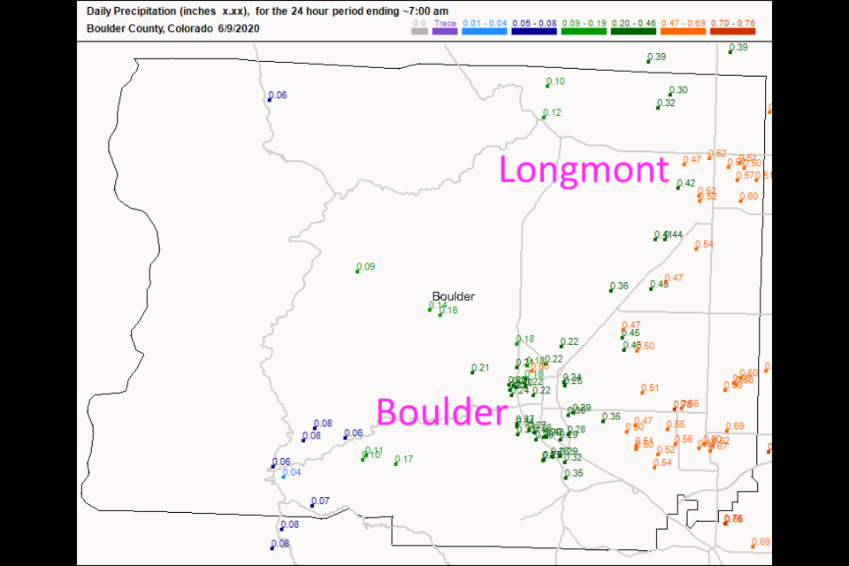 Figure 1: The CoCoRaHS 24 hour rain reports for Bolder Co. as of 7am 6/9.